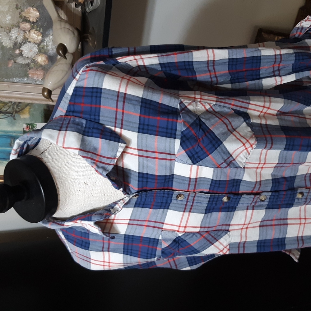Womens Plaid button up Collared Blouse shirt red white blue Plus Sz 2x ELY